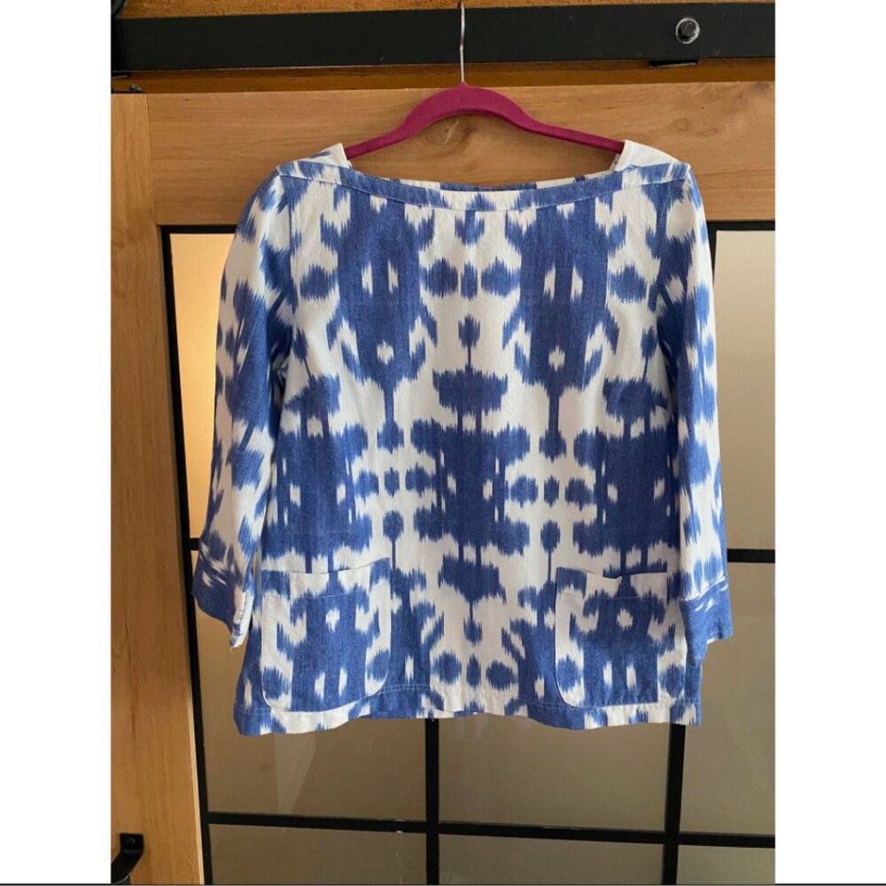 Vineyard Vines Blue & White Ikat Print 3/4 Sleeve Top